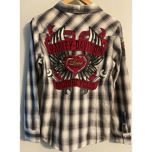 Harley-Davidson ❤️ Love To Ride ❤️ Hearts and Wrenches Roll-Tab Plaid Shirt MED